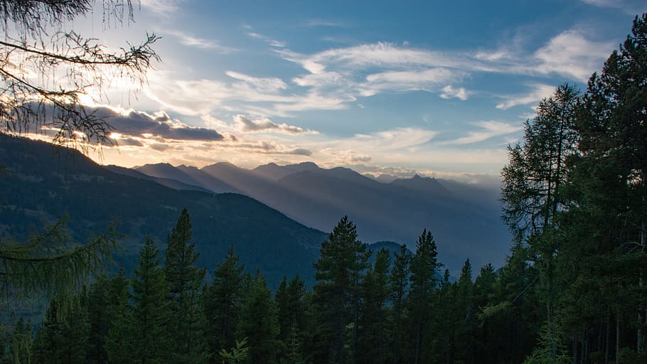 sunset, mountain, landscape, sky, nature, cloud, forest, blue HD wallpaper