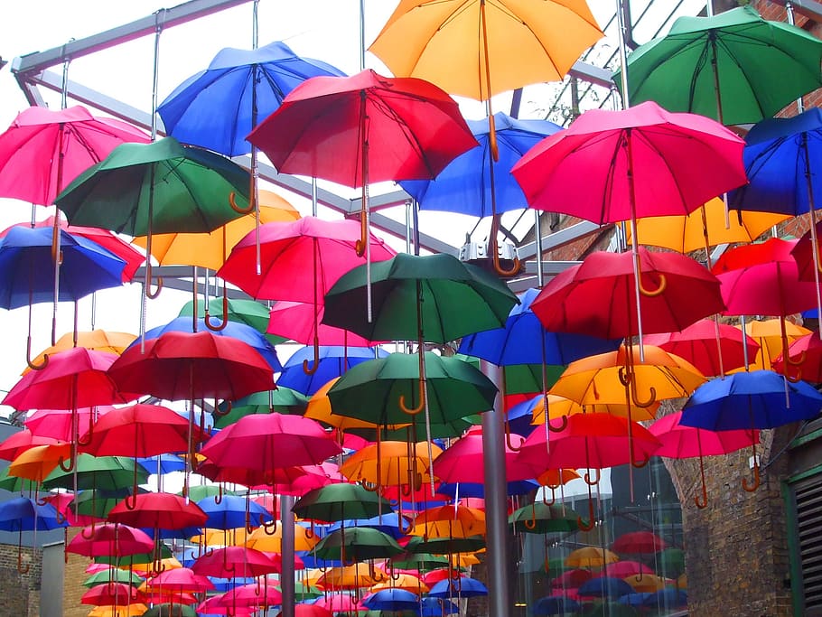 screens, umbrellas, colored umbrellas, artwork, multi colored, HD wallpaper