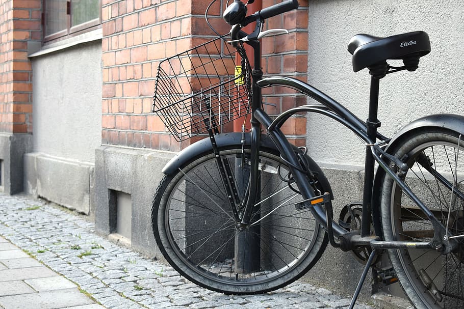 black, cycle, brick, spokes, wheel, basket, bikes, air, sidewalk HD wallpaper