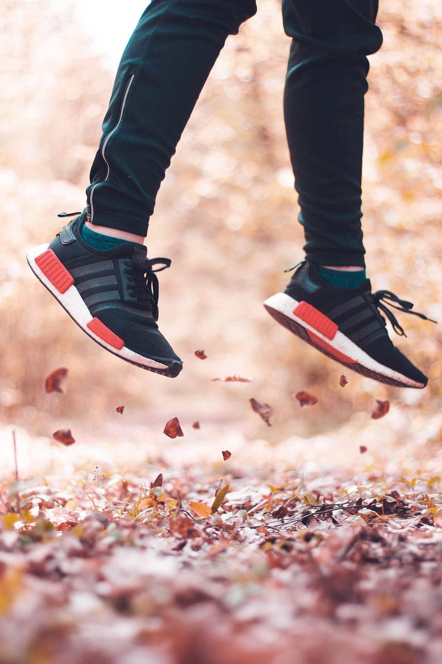 person jumping from leaves, person jump on leaves, selective focus, HD wallpaper