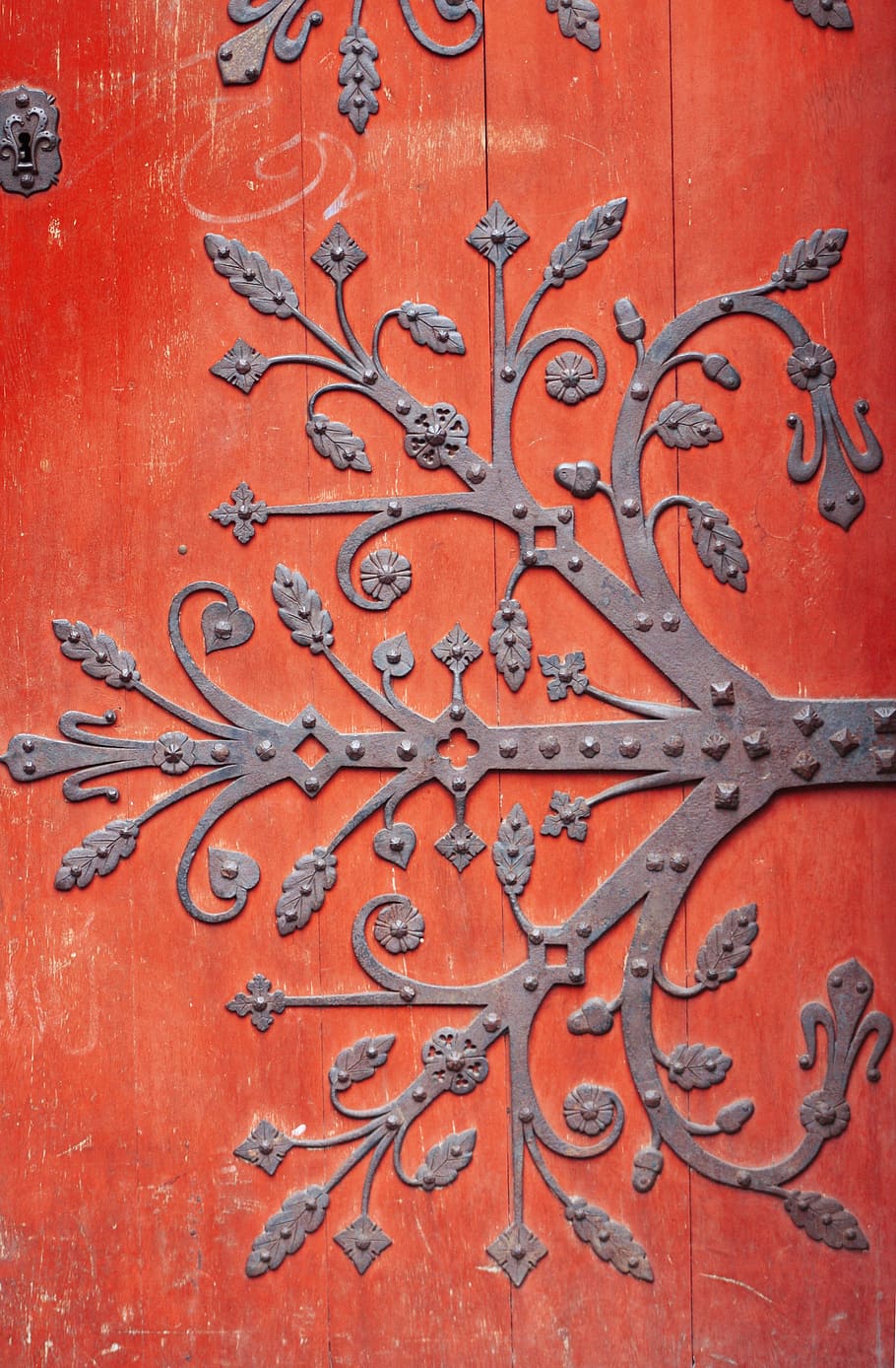 gray steel wall decor, door, red, ironwork, architecture, alsace HD wallpaper