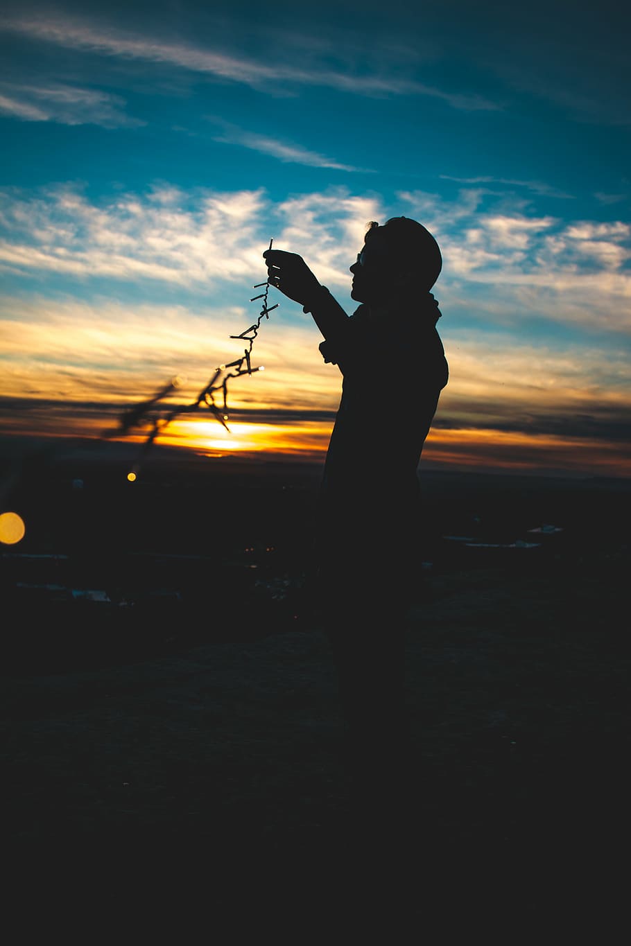 dawn, dusk, lights, man, outdoors, silhouette, sky, sunrise HD wallpaper