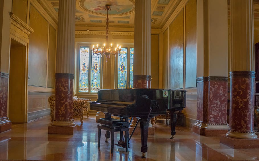 black grand piano on gray hall, victorian, decor, design, vintage, HD wallpaper