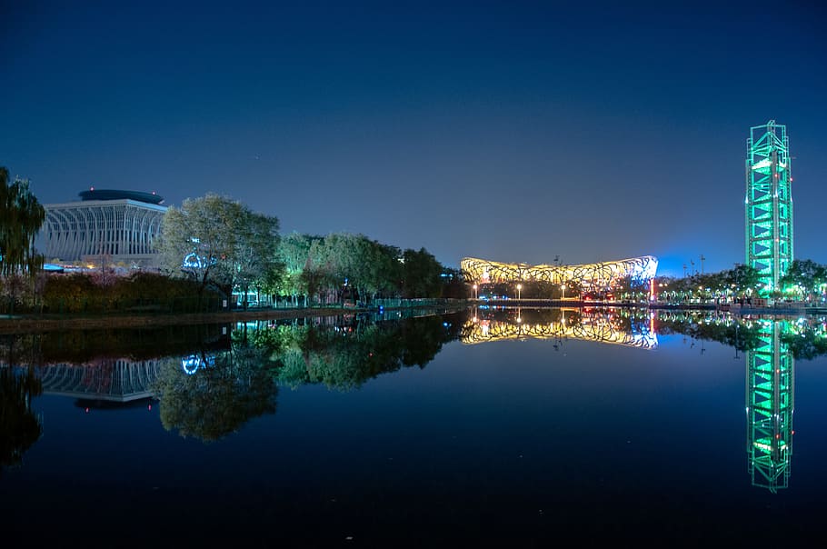 Night View, Reflection, Water, the water, beijing, nest, architecture, HD wallpaper