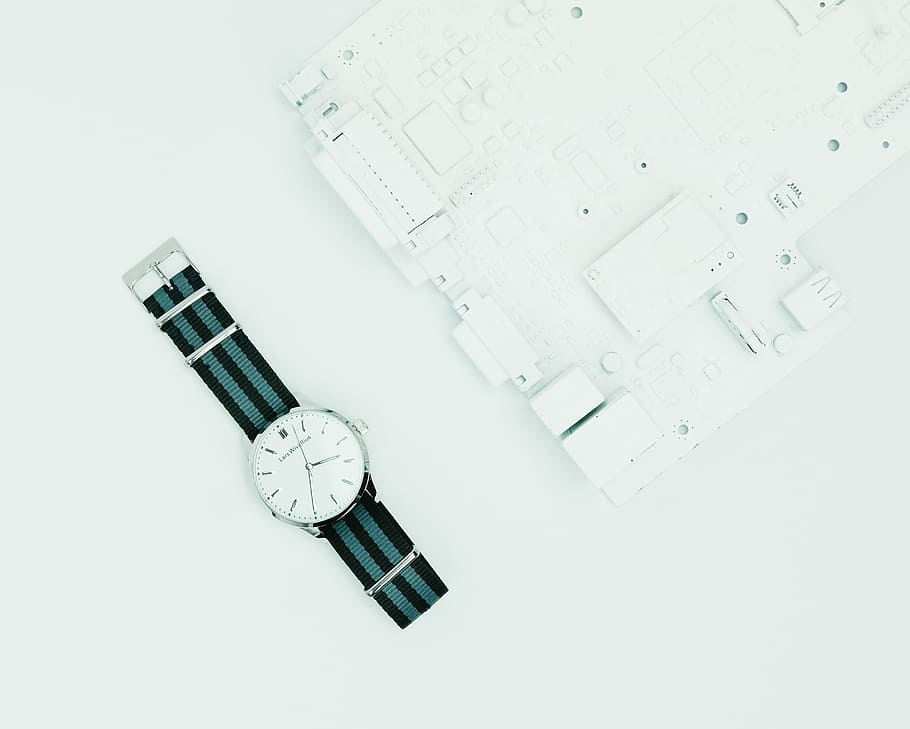 round silver-colored analog watch with black band, round silver-colored analog watch with striped strap HD wallpaper