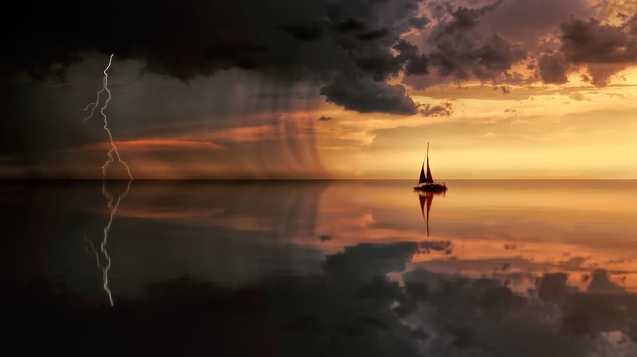 silhouette photo of ship on sea under nimbus clouds, sunset HD wallpaper