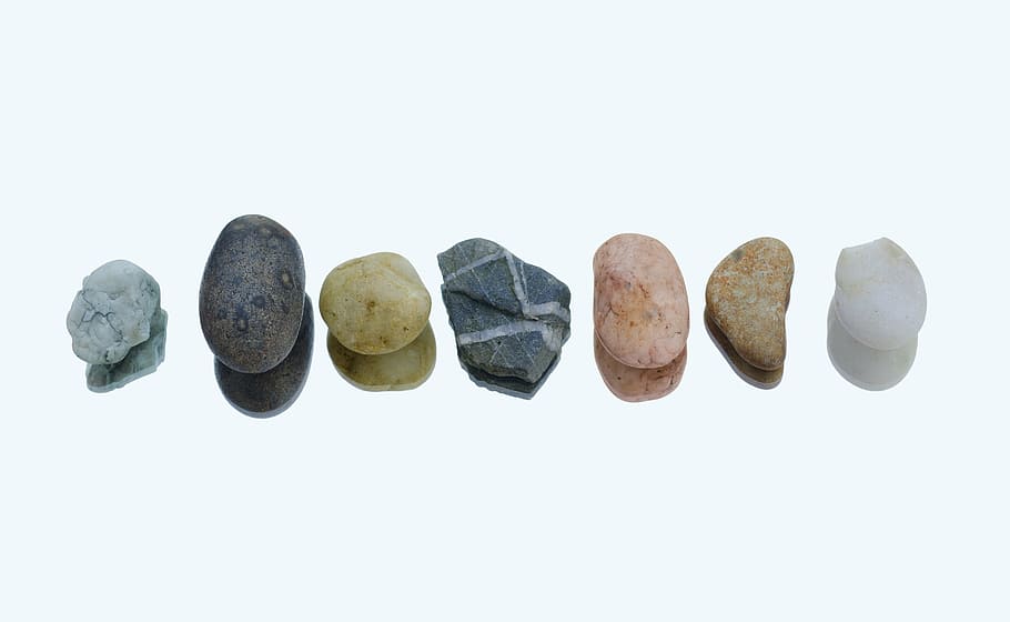 seven assorted pebbles, row, colors, reflection, white, nature HD wallpaper