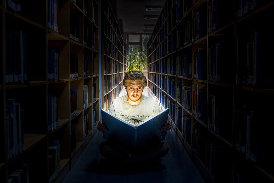man reading book in library room, skin, bookshelf, education, HD wallpaper