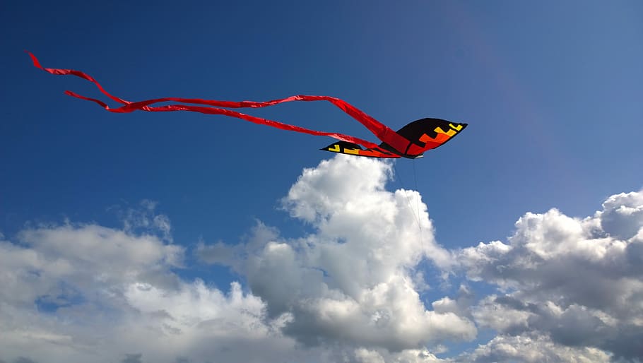 Kite, Red, Black, Black, Yellow, Yellow, Blue, Blue, Sky, white HD wallpaper