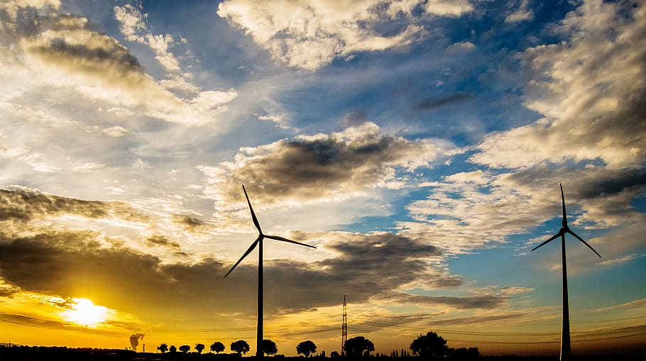 sunset, windräder, abendstimmung, clouds, trees, orange, blue HD wallpaper