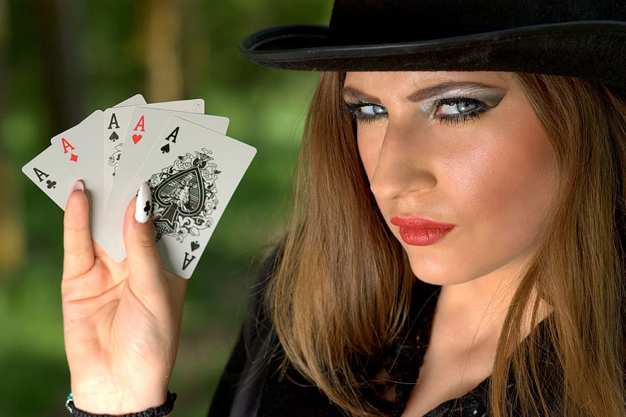 woman holding five Ace cards, girl, topper, playing cards, luck