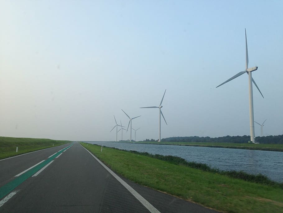 wind mill, road, lonely, only, zealand, netherlands, flat, drive HD wallpaper