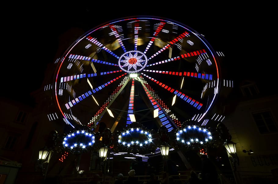 lighted black and red ferris wheel at nighttime, lights, dark HD wallpaper