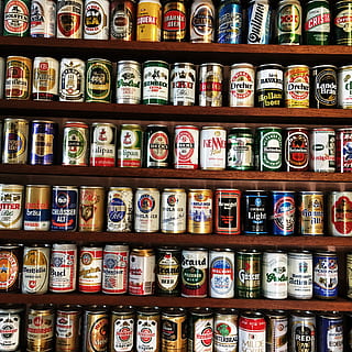 beer, cans, drinks, tin, large group of objects, shelf, choice HD wallpaper