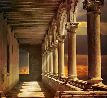 brown concrete hallway, arcade, architecture, building, columnar HD wallpaper