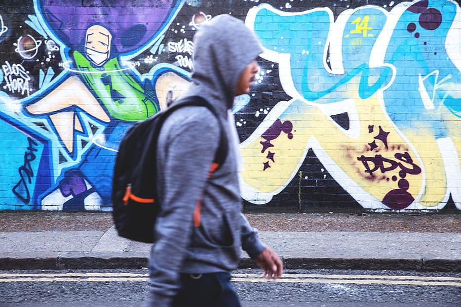 A man with a hooded-top and rucksack walks past the graffiti-covered streets of Shoreditch in East London, HD wallpaper
