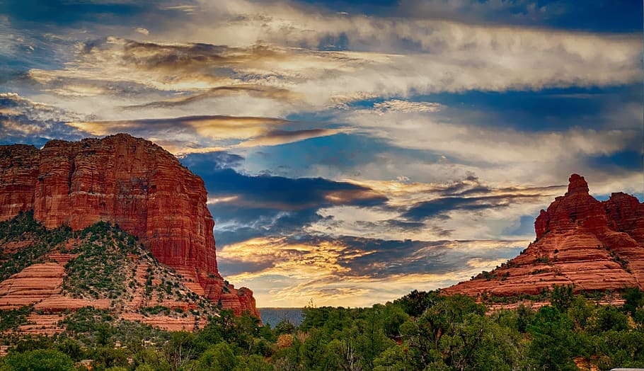 maroon mountain under the cumulus clouds, landscape, canyon HD wallpaper