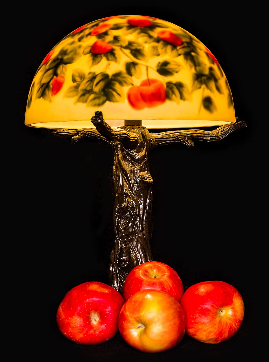 apple, lamp, light, interior, black background, studio shot HD wallpaper