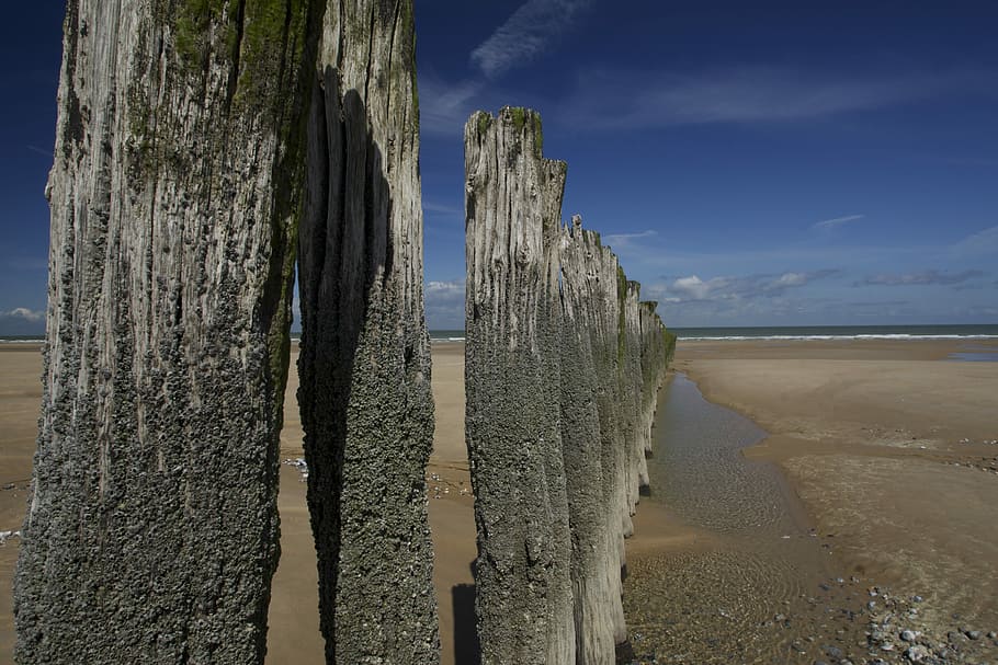 Beach, Bar, Post, Pile, Coast, Water, bollard, sky, blue, dune crusher, HD wallpaper