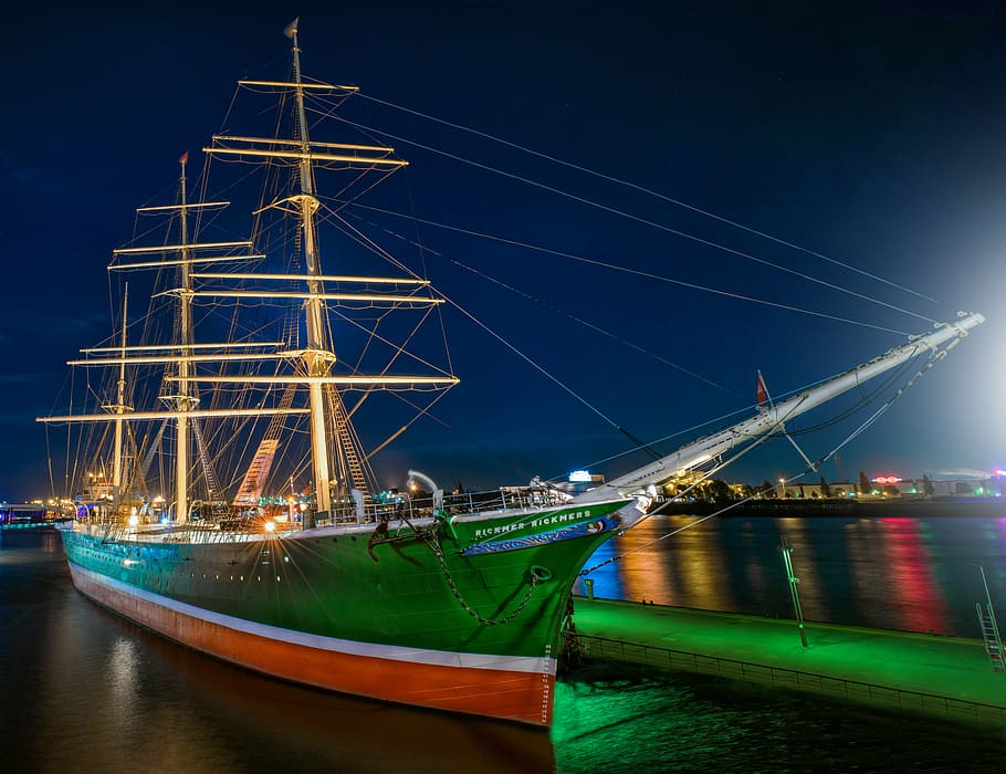 red and green sailing ship on body of water, rickmer rickmers