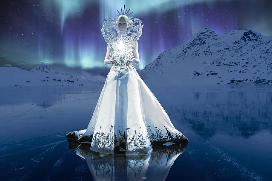 woman wearing white dress near mountain, queen, ice, northern lights HD wallpaper