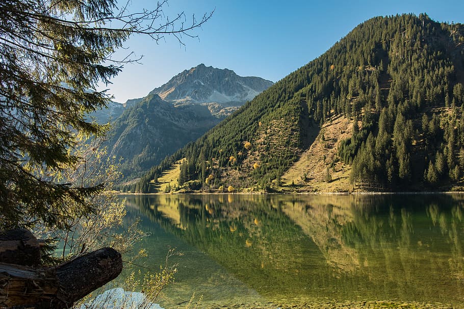 body of water near mountains with trees, tyrol, bergsee, vilsalpsee