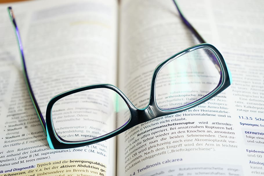 black framed eyeglasses on book page, read, learn, text, highlighter HD wallpaper