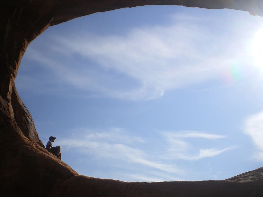 man under blue sky, Rock, Clouds, Sky, Landscape, cloud - sky HD wallpaper