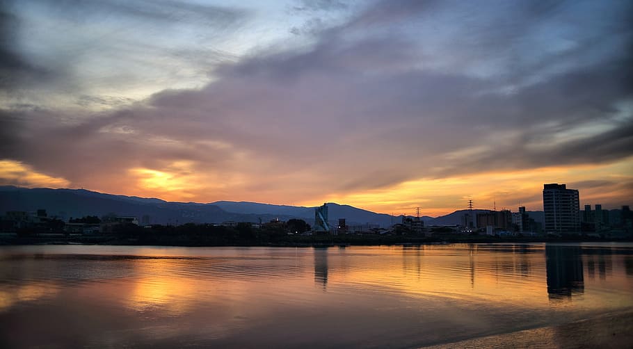 dawn, dusk, river, sky, sunrise, sunset, water, reflection HD wallpaper