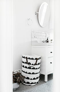 white and black bag near mirror, bathroom, sink, interior design HD wallpaper