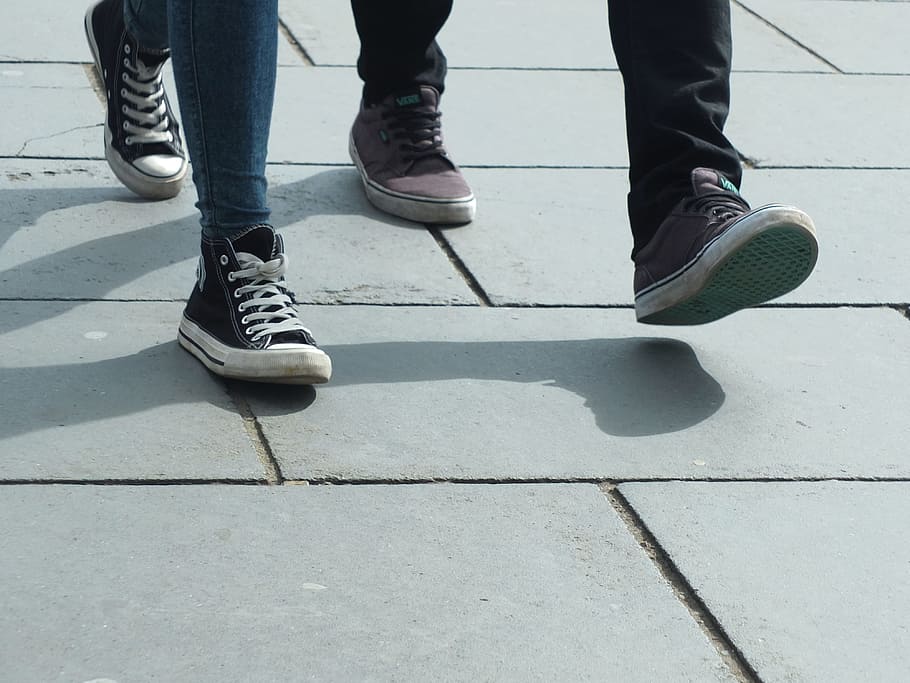 two pairs black-and-brown low-top sneakers, walking, feet, shoes HD wallpaper