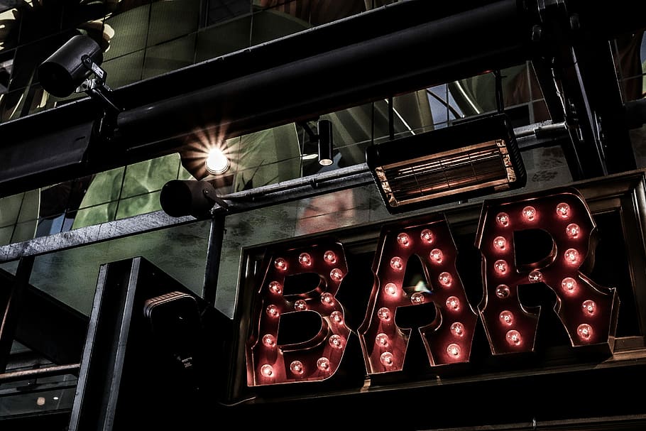 turned on red bar marquee lights, turned-on red BAR signage, lightbulb HD wallpaper