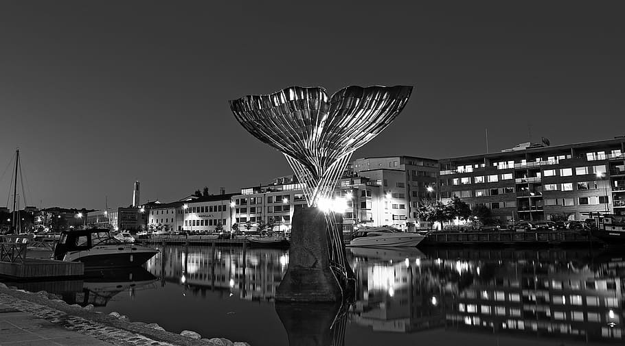 river, night, reflection, lights, water, vessel, sky, turku HD wallpaper