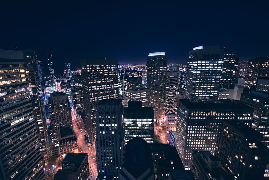 aerial shot of city skyline at night, aerial view of city night sky HD wallpaper
