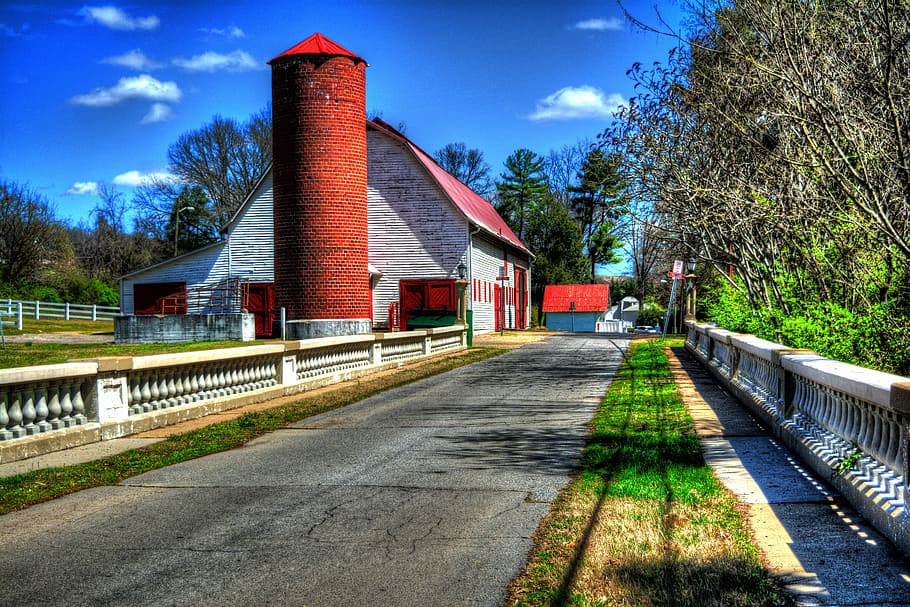 barn, bridge, landscape, rural, country, red, spring, architecture HD wallpaper
