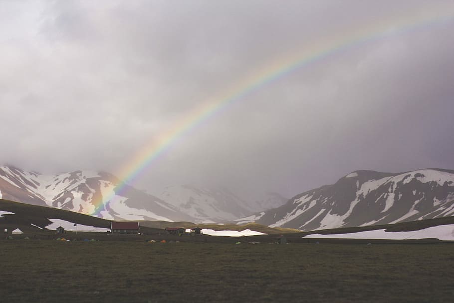 black mountains under the rainbow, nature, snow, scenics, landscape HD wallpaper