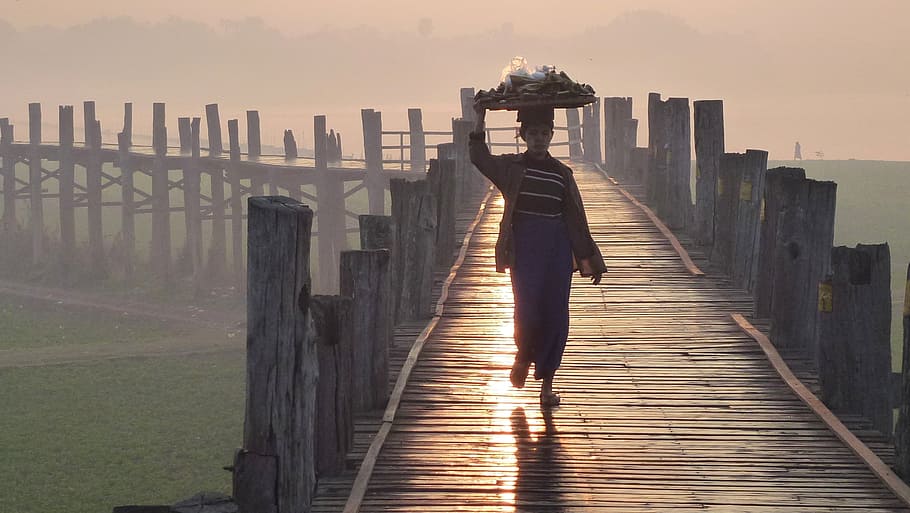 person walking on dock during sunset, u bein bridge, mandalay, HD wallpaper