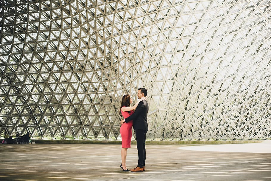 couple standing near glass dome, woman, pink, dress, black HD wallpaper