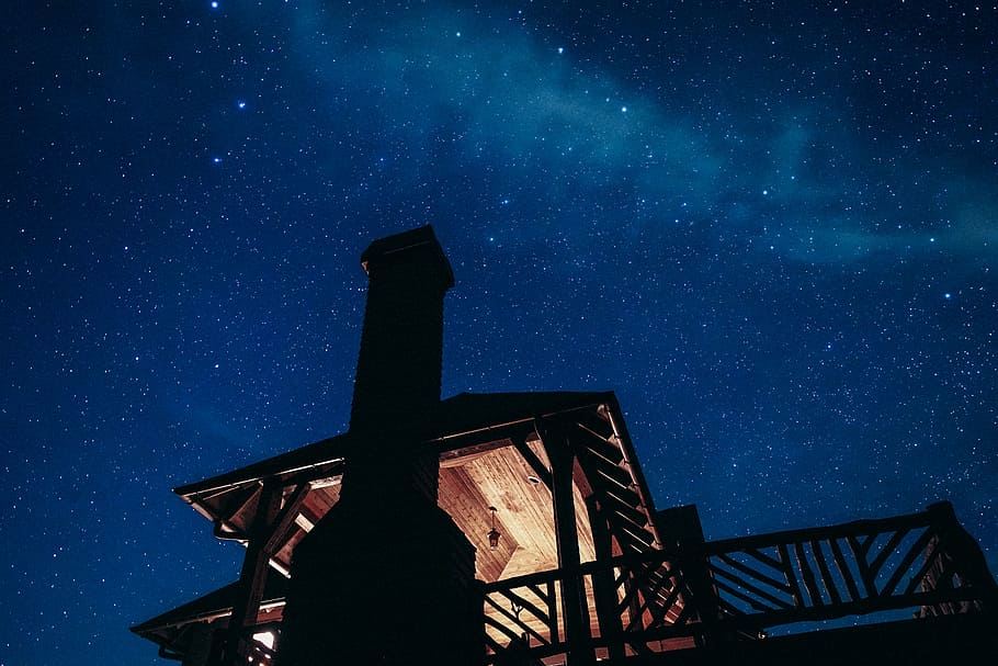 worm's eye view of lighthouse, silhouette photo of wooden house under starry night, HD wallpaper