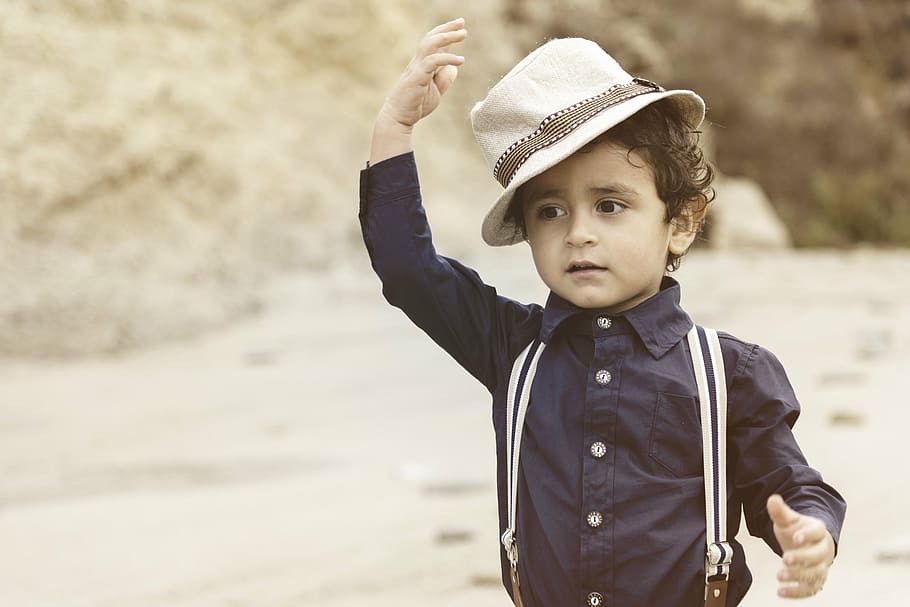 boy in black dress shirt with suspender and hat, kid, retro, child