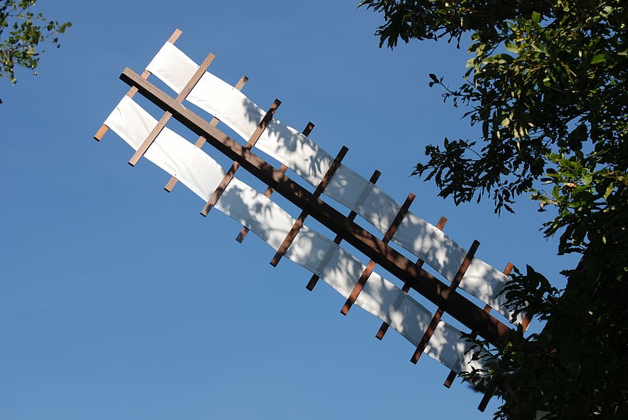 mill, sky, wing, blue, low angle view, nature, clear sky, tree HD wallpaper