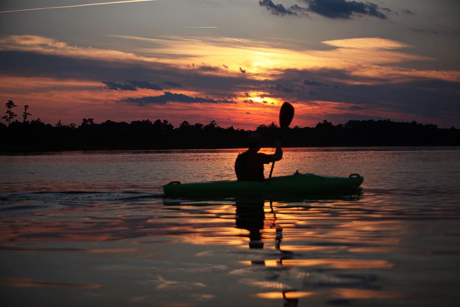 sunset, sky, clouds, lake, river, water, reflections, canoe HD wallpaper