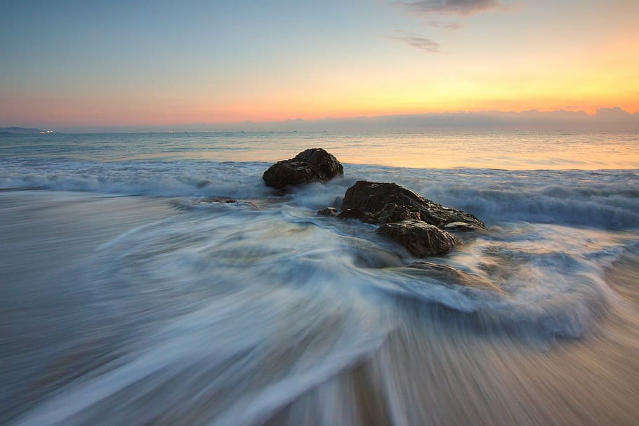 beach, dawn, dusk, nature, ocean, rocks, sand, sea, seascape HD wallpaper