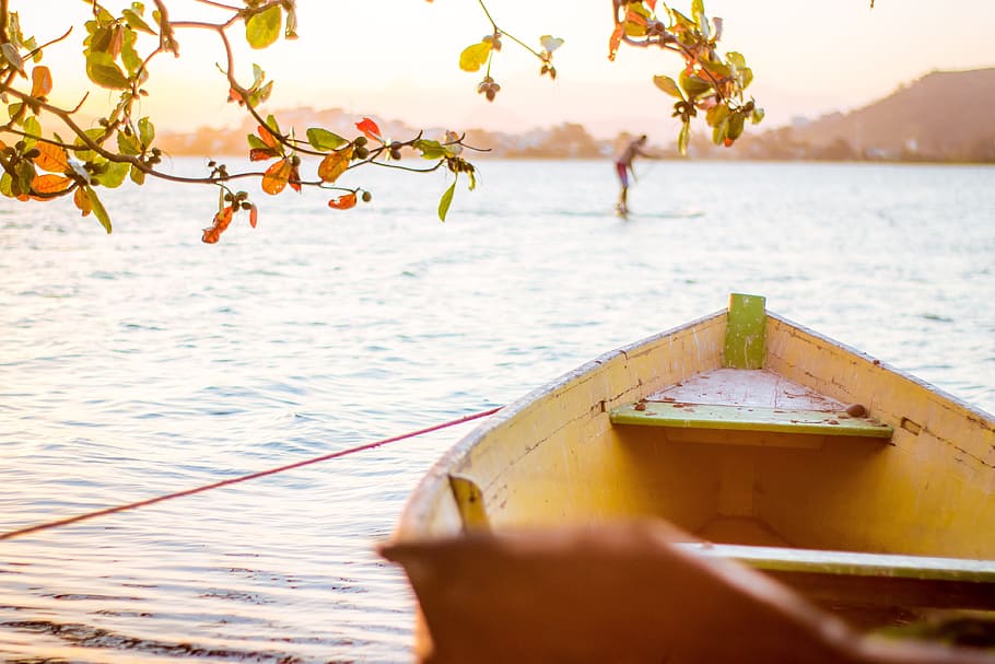 sun, boat, orange, sunset, lake, river, fish, fisherman, photography HD wallpaper