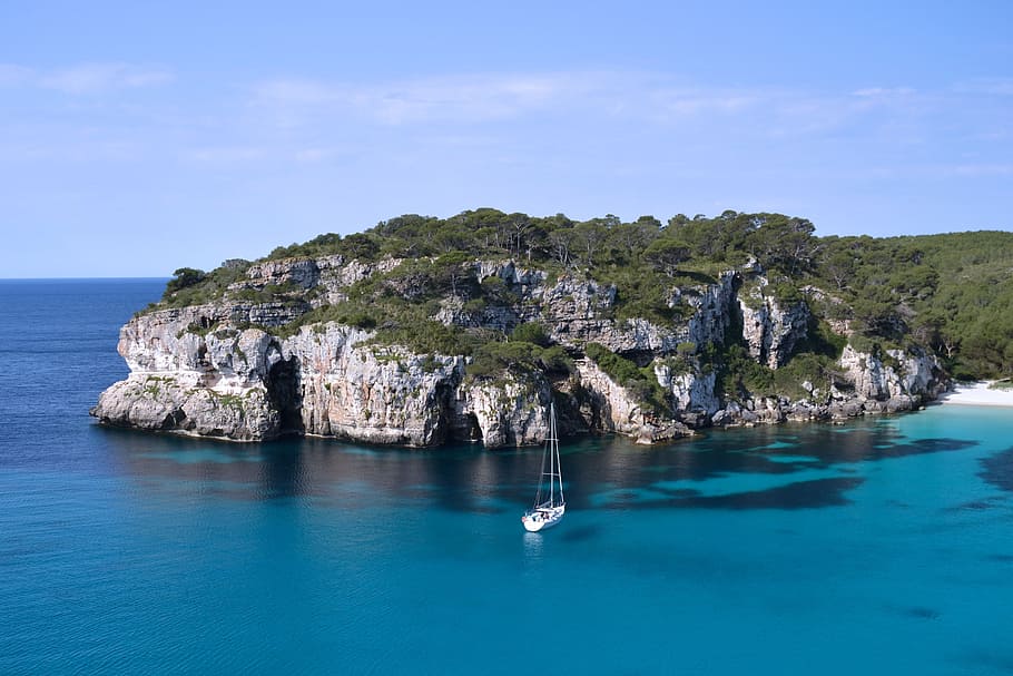 white motorboat on body of water, Formentera, Beach, Cala, Sea, HD wallpaper