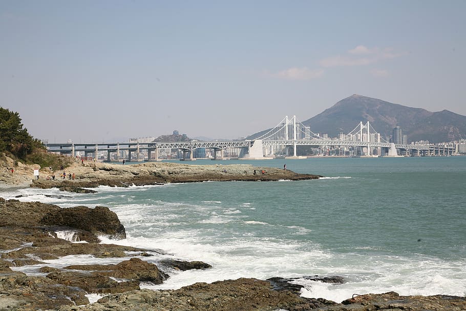 sea, gwangalli, waves, water, sky, architecture, built structure HD wallpaper