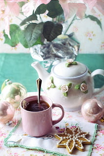 pink ceramic tea mug, tea time, december, christmas, drink HD wallpaper