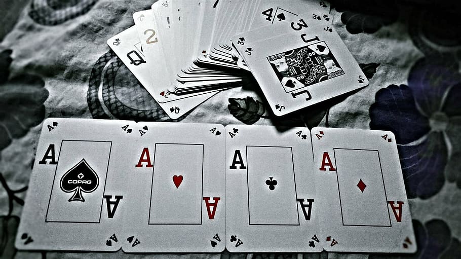 four Ace cards on floral sheet, playing, aces, white, black, print, HD wallpaper