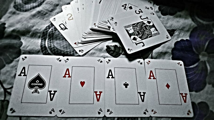 four Ace cards on floral sheet, playing, aces, white, black HD wallpaper