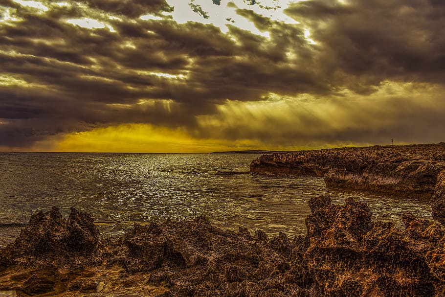 Coast, Clouds, Sunlight, rocky, sky, sunbeam, landscape, nature HD wallpaper